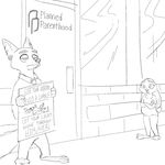  2017 anthro building canine clothed clothing crossed_arms disney door duo english_text female fox greyscale half-closed_eyes holding_object holding_sign judy_hopps lagomorph male mammal monochrome nick_wilde numbro politics pregnant rabbit sign text zootopia 