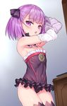  1girl adjusting_hair bare_shoulders blush breasts covered_navel fate/grand_order fate_(series) frilled_skirt helena_blavatsky_(fate/grand_order) kinnotama_(erokosei) looking_at_viewer mini_skirt panties purple_eyes purple_hair sideboob skirt small_breasts solo thighs underwear 