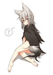  ? akasha_(syakoba) animal_ears barefoot bright_pupils closed_mouth expressionless facepaint full_body gradient_hair grey_hair long_hair looking_at_viewer looking_back multicolored_hair original shako_(syakoba3) simple_background solo spoken_question_mark tail torn_clothes white_background wolf_ears wolf_tail 