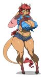  anthro belt big_breasts big_ears booty_shorts bovine breasts cattle cleavage clothed clothing cutoffs denim_shorts female freckles green_eyes hair horn huge_breasts jijis-waifus las_lindas mammal midriff mora_linda oh-jiji red_hair shorts simple_background smile solo thong tied_shirt white_background 