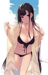  ane_naru_mono bikini black_bikini black_hair blush chiyo_(ane_naru_mono) collarbone commentary_request cowboy_shot frilled_bikini_top frills fringe_trim front-tie_bikini front-tie_top hands_up highres leaning_forward long_hair looking_at_viewer mole mole_under_eye nail_polish navel parted_lips pink_nails pochi_(pochi-goya) purple_eyes shawl side-tie_bikini smile solo swimsuit thighs very_long_hair 