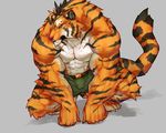  2017 4_toes abs anthro barefoot belt biceps big_muscles black_fur claws clothed clothing crouching digital_media_(artwork) digitigrade feline flakjacket0204 front_view fur grey_background hi_res huge_muscles knuckles_support looking_away male mammal multicolored_fur muscular muscular_male orange_eyes orange_fur pants pecs pink_nose raised_tail shorts simple_background solo striped_fur stripes tiger toe_claws toes topless white_fur 