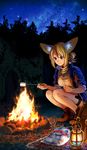  animal_ears blonde_hair blue_eyes boots campfire commentary_request fire food fox_ears highres jacket lantern marshmallow mira_(nashigaya_koyomi) nashigaya_koyomi night night_sky original outdoors short_hair sky smile solo squatting star_(sky) starry_sky 