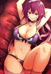  ahoge armpits arms_up bikini blush breasts character_request cleavage facial_mark hakoniwa_tsuka large_breasts long_hair looking_at_viewer navel o-ring o-ring_bottom partially_submerged purple_bikini purple_eyes purple_hair smile solo swimsuit water 