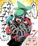  arms_(game) chain closed_eyes crossed_arms domino_mask goggles green_hair joy-con male_focus mask ninjara_(arms) nintendo_switch open_mouth ponytail solo suno_(imydream) sweat 