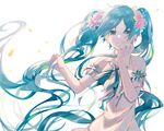  absurdly_long_hair arm_strap blue_eyes blue_hair earrings flower hair_flower hair_ornament hand_in_hair hatsune_miku jewelry long_hair looking_at_viewer omutatsu petals pink_flower pink_ribbon ribbon shirt simple_background sleeveless sleeveless_shirt smile solo standing twintails upper_body very_long_hair vocaloid white_background white_shirt 