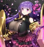  :o bangs bare_shoulders black_legwear blush breasts buckle claws collar commentary_request corset cowboy_shot eyelashes fate/extra fate/extra_ccc fate/grand_order fate_(series) glowing hair_ribbon hayama_eishi huge_breasts layered_skirt long_hair looking_at_viewer o-ring o-ring_top open_mouth pantyhose passion_lip pink_ribbon purple_eyes purple_hair purple_skirt ribbon see-through skirt solo standing straight_hair striped tareme vertical-striped_skirt vertical_stripes very_long_hair 