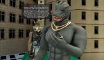 3d_(artwork) absurd_res anthro armor black_body black_scales brown_body brown_fur canid canine canis clothing dialogue digital_media_(artwork) duo english_text epic_games fortnite fur headgear helmet hi_res jewelry komodo_dragon lizard male mammal meteorsmash monitor_lizard muscular muscular_anthro muscular_male necklace red_eyes reptile scales scalie text thumb_ring thunder_(fortnite) topwear vest wendell_(fortnite) wolf yellow_sclera