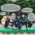 1:1 accessory alolan_form alolan_ninetales anthro arthropod black_body black_eyes black_hair black_sclera blonde_hair blue_body blue_fur blue_hair bonnie_(soropin) bottomwear bow_ribbon bracelet breasts brown_body brown_fur bubble canid canine choker cleavage clothed clothing collar crop_top denim denim_bottomwear denim_clothing dialogue dizzy ear_piercing eeveelution english_text female feral floppy_ears footwear fox fur furgonomic_piercing furgonomics fuzzy_(yoshi) generation_4_pokemon generation_5_pokemon generation_6_pokemon generation_7_pokemon glaceon glaze_(soropin) grey_body grey_fur grey_hair group hair hair_accessory hair_bow hair_ribbon hi_res high_heels jeans jewelry lagomorph long_hair mammal mega_evolution mega_lopunny myriapod necklace nintendo one_eye_obstructed one_leg_up open_mouth pants piercing platform_footwear platform_heels pokemon pokemon_(species) ponytail raised_leg regional_form_(pokemon) ribbons scolipede scrunchie shirt shoes soropin speech_bubble spiked_bracelet spiked_collar spikes tail tail_piercing text topwear url vesna_(soropin) yellow_sclera