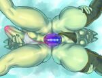 anal anal_penetration anthro anus balls big_butt big_penis blue_sky breasts butt canid canine clothing clothing_aside dildo dildo_in_ass dildo_insertion double_dildo duo female female_penetrated foreskin fox genitals glistening glistening_body gold_trim green_body green_clothing green_legwear green_panties green_thigh_highs green_underwear grin grinning_at_viewer hi_res hishis huge_butt huge_penis humanoid_genitalia humanoid_penis legwear low-angle_view male male/female male_penetrated mammal object_in_ass panties panties_aside penetration penis perineum pink_trim purple_eyes sex_toy sex_toy_in_ass sex_toy_insertion sharing_dildo sharing_sex_toy sky smile smiling_at_viewer thigh_highs underwear underwear_aside vulva white_clothing white_panties white_underwear worm's-eye_view yellow_eyes