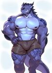 2026 2_horns abs absurd_res anthro barazoku biceps big_muscles black_hair bottomwear brown_bottomwear brown_clothing brown_shorts clothed clothing deltoids dragon english_text episode0006 facial_hair facial_spikes forearm_muscles goatee hair hand_on_hip hi_res horn looking_at_viewer male markings muscular muscular_anthro muscular_male mythological_creature mythological_scalie mythology nipples non-mammal_nipples pecs psych_hydra purple_body purple_eyes purple_scales quads scales scalie shorts shorts_only simple_background smile smiling_at_viewer solo spikes spikes_(anatomy) spots spotted_body spotted_scales tail text topless trapezius white_background
