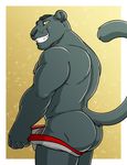 2017 anthro black_fur butt clamcrusher clothed clothing feline fur grin looking_at_viewer male mammal muscular muscular_male panther partially_clothed penis simple_background smile topless underwear underwear_pull yellow_eyes 