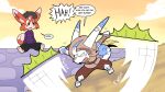16:9 belt blue_body blue_fur clothing cloud dialogue duo erakir_(character) ever_oasis fur grass headgear headwear hi_res lagora leaf_blade leaf_bladed_sword looking_at_another looking_offscreen nintendo no_pupils onomatopoeia orange_body orange_eyes orange_fur plant religious_clothing religious_headwear scarf sharp_teeth sky sound_effects speech_bubble stone_wall striped_body striped_fur stripes teeth text trevor-fox turban wall_(structure) white_body white_fur widescreen