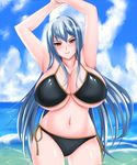  1girl armpits arms_up blush breasts cleavage curvy huge_breasts long_hair looking_at_viewer mariatoteresa navel red_eyes selvaria_bles senjou_no_valkyria senjou_no_valkyria_1 silver_hair smile solo standing swimsuit wide_hips 