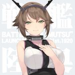  background_text bangs bare_arms beige_background breasts brown_hair character_name closed_mouth collar collarbone green_eyes hand_on_own_chest headgear jewelry kantai_collection large_breasts looking_at_viewer mutsu_(kantai_collection) ring rokuwata_tomoe short_hair smile solo upper_body wedding_band 
