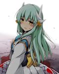  blood blood_on_face blush eyebrows_visible_through_hair fate/grand_order fate_(series) from_behind green_hair hair_between_eyes hair_ornament japanese_clothes kiki_(koikuchikinako) kimono kiyohime_(fate/grand_order) long_hair looking_at_viewer looking_back obi open_mouth sash simple_background solo white_background white_kimono yellow_eyes 