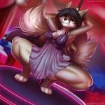  4_toes anthro armpits black_hair black_nose canine clothed clothing detailed_background female hair hands_behind_head heterochromia mammal smile solo toes tril-mizzrim 