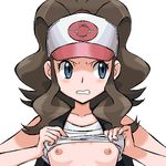  bare_shoulders baseball_cap blue_eyes blush breasts brown_hair clenched_teeth frown gomatarou_(pixiv196136) hat long_hair looking_to_the_side lowres nipples no_bra pokemon pokemon_(game) pokemon_bw ponytail shirt_lift simple_background small_breasts solo tank_top tears teeth touko_(pokemon) upper_body vest white_background 