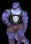 2026 2_horns abs anthro barazoku biceps black_background black_clothing black_hair black_shirt black_tank_top black_topwear bottomwear brown_bottomwear brown_clothing brown_shorts clothed clothing deltoids dragon english_text episode0006 facial_hair facial_spikes forearm_muscles goatee hair hand_on_hip hi_res horn looking_at_viewer male markings microsoft microsoft_windows muscular muscular_anthro muscular_male mythological_creature mythological_scalie mythology nipples pecs print_clothing print_shirt print_t-shirt print_topwear psych_hydra purple_body purple_eyes purple_scales quads scales scalie shirt shorts shorts_only simple_background smile smiling_at_viewer solo spikes spikes_(anatomy) spots spotted_body spotted_scales t-shirt tail tank_top text topless topwear trapezius windows_95