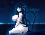  ass back black_hair blue_eyes breasts demon_girl demon_horns english glowing glowing_eyes hair_between_eyes horizon horns huge_breasts long_hair looking_at_viewer looking_back mirana_(sub-res) naughty_face night nipples nude original parted_lips sitting sky smile smirk solo sub-res succubus tail very_long_hair white_skin 