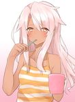  bare_shoulders blush brushing_teeth casual chloe_von_einzbern dark_skin fate/kaleid_liner_prisma_illya fate_(series) gradient gradient_background hechi_(hechi322) long_hair looking_at_viewer orange_eyes pink_background pink_hair shirt solo striped striped_shirt toothbrush toothbrush_in_mouth upper_body white_background 