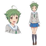  action_heroine_cheer_fruits ahoge black_legwear blue_skirt blush brown_footwear character_sheet commentary_request green_eyes green_hair green_neckwear green_ribbon grey_shirt highres hinano_high_school_uniform ide_naomi kneehighs loafers looking_at_viewer midorikawa_mana multiple_views neck_ribbon official_art open_mouth ribbon sailor_collar school_uniform shirt shoes short_hair simple_background skirt smile white_background white_sailor_collar 