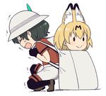  &gt;_&lt; 2girls animal_ears backpack bag black_gloves black_hair black_legwear brown_footwear closed_eyes closed_mouth d: dx extra_ears eyelashes from_side full_body gloves hair_between_eyes hat hat_feather heavy helmet in_bag in_container jpeg_artifacts kaban_(kemono_friends) kemono_friends loafers looking_away mattaku_mousuke multiple_girls no_nose one_knee open_mouth orange_hair pantyhose pith_helmet profile red_shirt serval_(kemono_friends) serval_ears shadow shirt shoes short_hair short_sleeves shorts simple_background smile solid_oval_eyes sweat trembling wavy_mouth white_background 