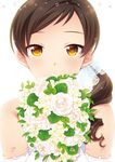  bad_id bad_pixiv_id bare_shoulders blush bouquet brown_eyes brown_hair cover cover_page doujin_cover elbow_gloves flower gloves hair_over_shoulder idolmaster idolmaster_million_live! kitazawa_shiho long_hair looking_at_viewer solo touon 