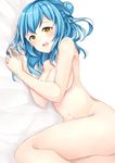  battle_girl_high_school bed blue_hair blush breasts highres kunieda_shiho large_breasts looking_at_viewer mo_(k40633) navel nude open_mouth solo yellow_eyes 