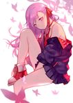  bare_shoulders choker fate/stay_night fate_(series) highres jacket joseph_lee long_hair looking_at_viewer matou_sakura pleated_skirt purple_eyes purple_hair shoes skirt sneakers 