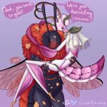1:1 antennae_(anatomy) anthro arthropod arthropod_abdomen bee blush butt carrying_another claws compound_eyes dialogue digital_drawing_(artwork) digital_media_(artwork) duo embarrassed english_text eyelashes featureless_chest featureless_crotch female female/female flat_chested flower_mantis fluffy happy hi_res hug hymenopteran insect insect_wings mantis mightywheelchair neck_tuft on_another orchid_mantis pollen segmented_body signature speech_bubble standing tail text tuft veil wings