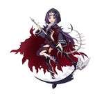  :d black_dress black_legwear cloak dress full_body holding holding_weapon hood hooded_cloak leg_up long_hair looking_at_viewer official_art open_mouth pleated_dress purple_hair red_eyes scythe short_dress simple_background skull smile solo standing sword_art_online sword_art_online:_code_register tail very_long_hair weapon white_background yuuki_(sao) 