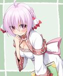  ahoge bioroid_hei book border braid breasts cleavage closed_mouth cowboy_shot cyclamen_(flower_knight_girl) dress flower_knight_girl frown green_border hair_ribbon half_updo looking_at_viewer medium_breasts pink_eyes pink_hair ribbon short_hair solo white_dress 
