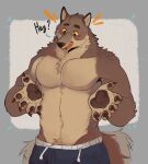 2024 5_fingers anthro bar_emanata black_eyes blue_bottomwear blue_clothing blush blush_lines bottomwear brown_body brown_countershading brown_eyebrows brown_fur brown_pawpads canid claws clothed clothed_anthro clothed_male clothing countershade_arms countershade_face countershade_fur countershade_neck countershade_torso countershading dialogue digital_drawing_(artwork) digital_media_(artwork) drawstring_bottomwear emanata english_text eyebrows finger_claws fingerpads fingers front_view fur grey_background hi_res male male_anthro mammal maosharki motion_lines multicolored_body multicolored_fur navel open_mouth pawpads pecs portrait pupils simple_background snout solo tail tail_motion tailwag talking_to_viewer teeth text three-quarter_portrait topless topless_anthro topless_male two_tone_body two_tone_fur white_bottomwear white_clothing yellow_pupils yellow_sclera