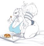 anthro beverage big_breasts blue_clothing blue_eyes blue_topwear bottomwear breasts clothed clothing coffee eating eating_food female female_anthro food generation_5_pokemon grey_bottomwear grey_clothing hair hi_res holding_fork holding_object huge_breasts kneeling legendary_pokemon nintendo pancake pokemon pokemon_(species) purrbloom reshiram solo topwear white_body white_hair wide_hips