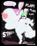 4:5 abdominal_bulge ahegao anthro balls big_balls big_breasts big_butt big_penis bodily_fluids bracelet breasts butt butt_grab collar duo eyewear female from_behind_position genital_fluids genitals glasses green_hair hair hand_on_butt hi_res huge_balls huge_breasts huge_butt huge_penetration huge_penis hyper jewelry lagomorph leporid looking_pleasured male male/female mammal marie_(angstrom) penetration penis perching_position piercing pink_hair precum rabbit sex smug sound_effects speech_bubble spiked_bracelet spiked_collar spikes standing standing_sex text yolo_(yolomooxl) yolomooxl