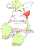  anthro blush briefs bulge clothing fur green_eyes green_fur legendary_pok&eacute;mon male nintendo overweight pok&eacute;mon rantan_chan shaymin_(sky_form) simple_background sitting solo underwear video_games white_fur 