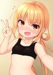  :d bangs binsen blonde_hair blush breasts collarbone eyebrows_visible_through_hair flying_sweatdrops kantai_collection long_hair looking_at_viewer low_twintails nose_blush open_mouth reaching_out satsuki_(kantai_collection) self_shot small_breasts smile solo sports_bra twintails upper_body v v-shaped_eyebrows yellow_eyes 