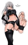  1girl barefoot blue_eyes breasts feet hand_on_hip large_breasts long_hair nier_(series) nier_automata one_leg_raised pov pov_feet silver_hair soles standing toes yorha_type_a_no._2 
