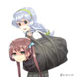  asagumo_(kantai_collection) bag braid brown_hair commentary empty_eyes green_eyes green_hairband grey_hair hairband holding holding_bag in_bag in_container kantai_collection looking_at_another misumi_(niku-kyu) multiple_girls open_mouth school_uniform twintails what yamagumo_(kantai_collection) 