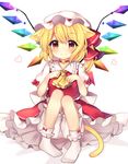  absurdres animal_ears bangs bell bell_choker blonde_hair bloomers blush cat_ears cat_tail choker closed_mouth collarbone commentary_request cravat crystal eyebrows_visible_through_hair flandre_scarlet full_body hair_between_eyes hands_up hat hat_ribbon heart highres jingle_bell kemonomimi_mode looking_at_viewer mob_cap orange_eyes paw_pose puffy_short_sleeves puffy_sleeves rainbow_order red_choker red_ribbon red_skirt red_vest ribbon ruhika shirt short_hair short_sleeves side_ponytail simple_background sitting skirt skirt_set smile sock_bow socks solo tail touhou underwear vest white_background white_hat white_legwear white_shirt wings 
