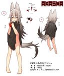  akasha_(syakoba) animal_ears apple barefoot bottomless bright_pupils character_name character_profile facepaint food fruit full_body gradient_hair grey_hair heart long_hair multicolored_hair no_panties original poncho shako_(syakoba3) smile spoken_heart tail torn_clothes translation_request wolf_ears wolf_tail 