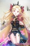  blonde_hair blush cape earrings ereshkigal_(fate/grand_order) fate/grand_order fate_(series) gold_trim hair_ribbon highres jewelry long_hair looking_at_viewer mizutame_tori nail_polish open_mouth red_cape red_eyes red_ribbon ribbon signature skull solo tiara twintails weapon 