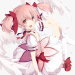 absurdres bad_id bad_pixiv_id bubble_skirt feathered_wings gloves hand_on_head highres kaname_madoka mahou_shoujo_madoka_magica misteor pink_eyes pink_hair short_hair sitting skirt socks solo twintails white_gloves white_legwear wings 