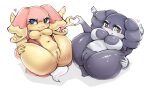anthro audino big_breasts blue_eyes blush breasts brown_eyes cinela dipstick_toes duo eyelashes featureless_breasts feet female fur generation_5_pokemon generation_8_pokemon genitals gesture gloves_(marking) grey_body grey_fur heart_gesture hi_res indeedee indeedee_(female_form) leg_markings looking_at_viewer lying markings nintendo nipples nude on_back pink_body pink_fur pokemon pokemon_(species) shortstack simple_background small_breasts smile socks_(marking) spread_legs spreading take_your_pick thick_thighs vulva white_background white_body white_fur wide_hips yellow_body yellow_fur