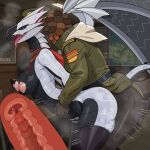 1:1 anthro areola bazelgeuse bodily_fluids breasts capcom clothed clothing duo elder_dragon erection female flying_wyvern genital_fluids genitals grey_body internal male male/female male_penetrating monster_hunter penetration penis scales scalie sex valstrax wings wonderin_dragon