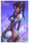  1girl ass beachball brown_hair dark_skin from_behind korra looking_at_viewer one-piece_swimsuit one-piece_thong sea solo summer swimsuit tan tan_skin tanned the_legend_of_korra water 