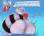 ambiguous_anthro ambiguous_focus ambiguous_gender ambiguous_pred ambiguous_prey anthro anthro_pred belly big_butt black_body black_fur black_nose black_striped_tail black_stripes butt butt_focus dialogue digital_drawing_(artwork) digital_media_(artwork) directional_arrow english_text fur hi_res huge_butt indigo_park kerchief looking_at_viewer looking_away male_(lore) mammal markings neckerchief neckwear post_vore_weight_gain pred_focus procyonid purple_body purple_ears purple_eyes purple_fur purple_head purple_tail raccoon rambley_raccoon red_kerchief serven signature simple_background size_difference smaller_pred solo speech_bubble striped_markings striped_tail stripes tail tail_markings talking_to_viewer text thick_thighs unseen_prey vore white_belly white_body white_fur white_inner_ear white_snout wide_hips willing_pred