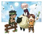  black_hair blush boots brown_hair closed_eyes dark_skin dark_skinned_male day fire_emblem fire_emblem_echoes:_mou_hitori_no_eiyuuou flower grass grey_(fire_emblem) headband kappamaki_tarou kliff_(fire_emblem) leaf male_focus multiple_boys one_eye_closed open_mouth red_eyes robin_(fire_emblem_gaiden) sheep sitting sky white_hair younger 