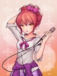  bad_id bad_pixiv_id blush bow clothes_around_waist collarbone eyebrows_visible_through_hair hair_bow highres holding holding_microphone idolmaster idolmaster_cinderella_girls jacket jacket_around_waist jougasaki_mika lee_seok_ho looking_at_viewer microphone open_mouth pink_hair purple_bow purple_skirt short_hair signature skirt solo teeth yellow_eyes 